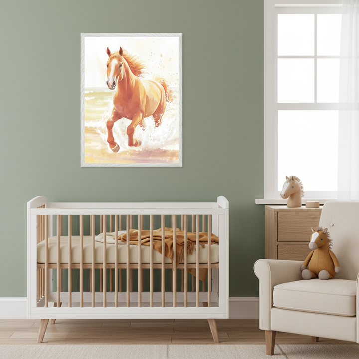 Modern nursery with a white and natural wood crib against a sage green wall. A large framed watercolor print of a golden horse galloping through water hangs above the crib. A wooden dresser and a cream armchair are also visible.