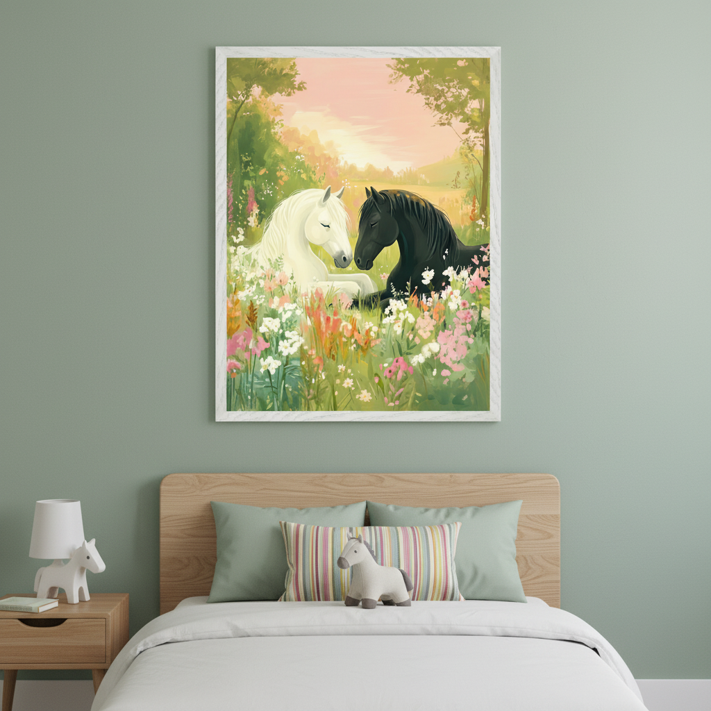 Sage green bedroom with a wooden bed and nightstand. A large framed print of a white and black horse lying in wildflowers at sunset hangs centered above the bed.