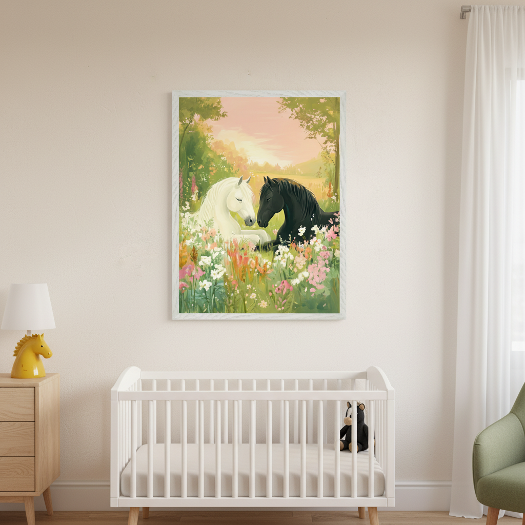 Modern nursery with a white crib and wooden dresser. Above the crib, a framed print shows a white and a black horse lying in a colorful wildflower field at sunset, in a soft painterly style.
