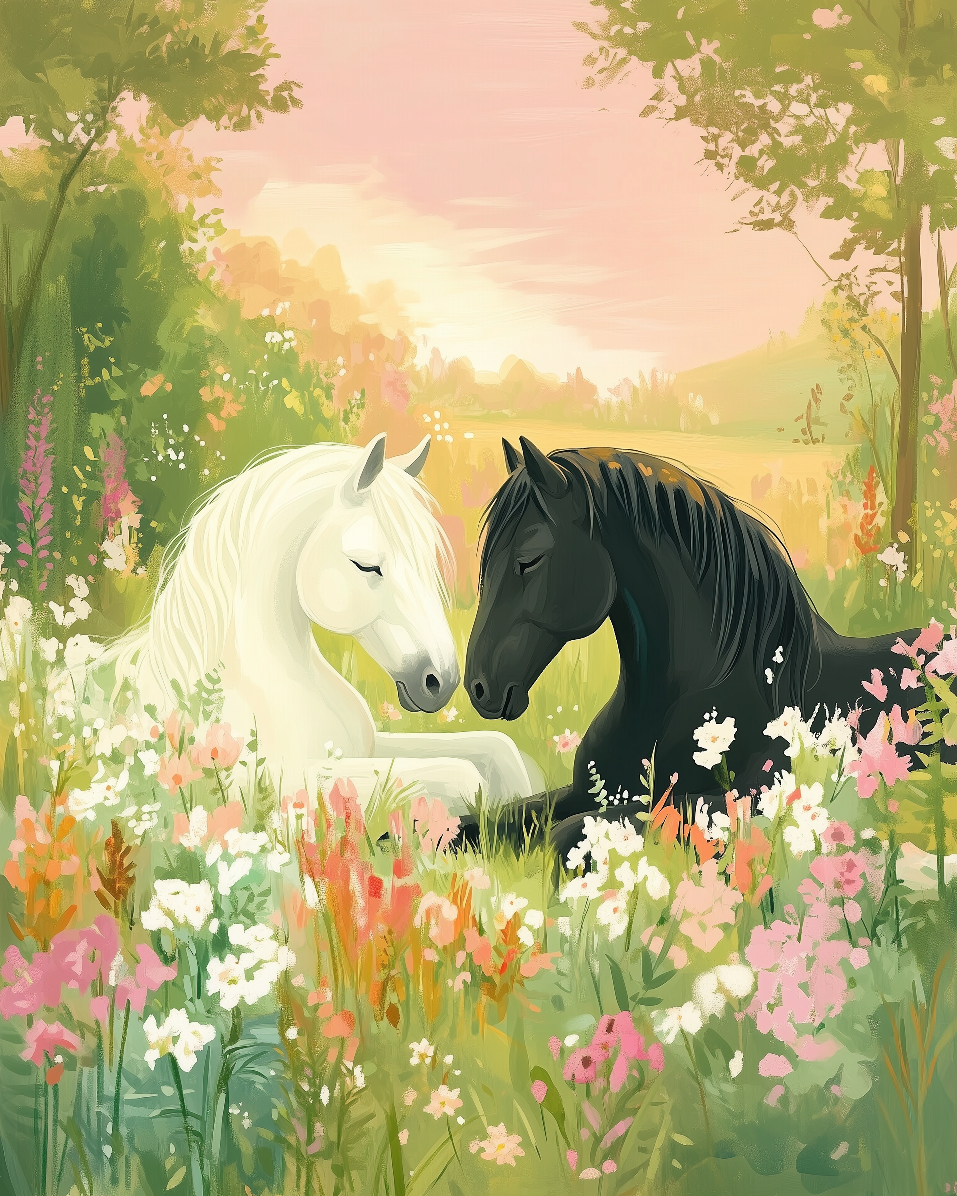 A white horse and a black horse rest peacefully together in a vibrant meadow filled with an array of colorful wildflowers, set against a backdrop of lush greenery and a soft pink sky.