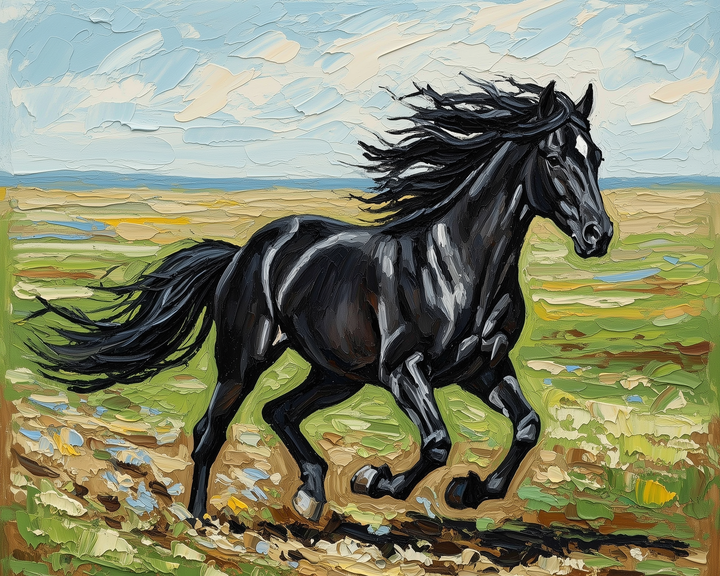 A dynamic oil painting depicts a powerful black horse galloping across a vibrant, grassy landscape under a sky filled with swirling clouds.