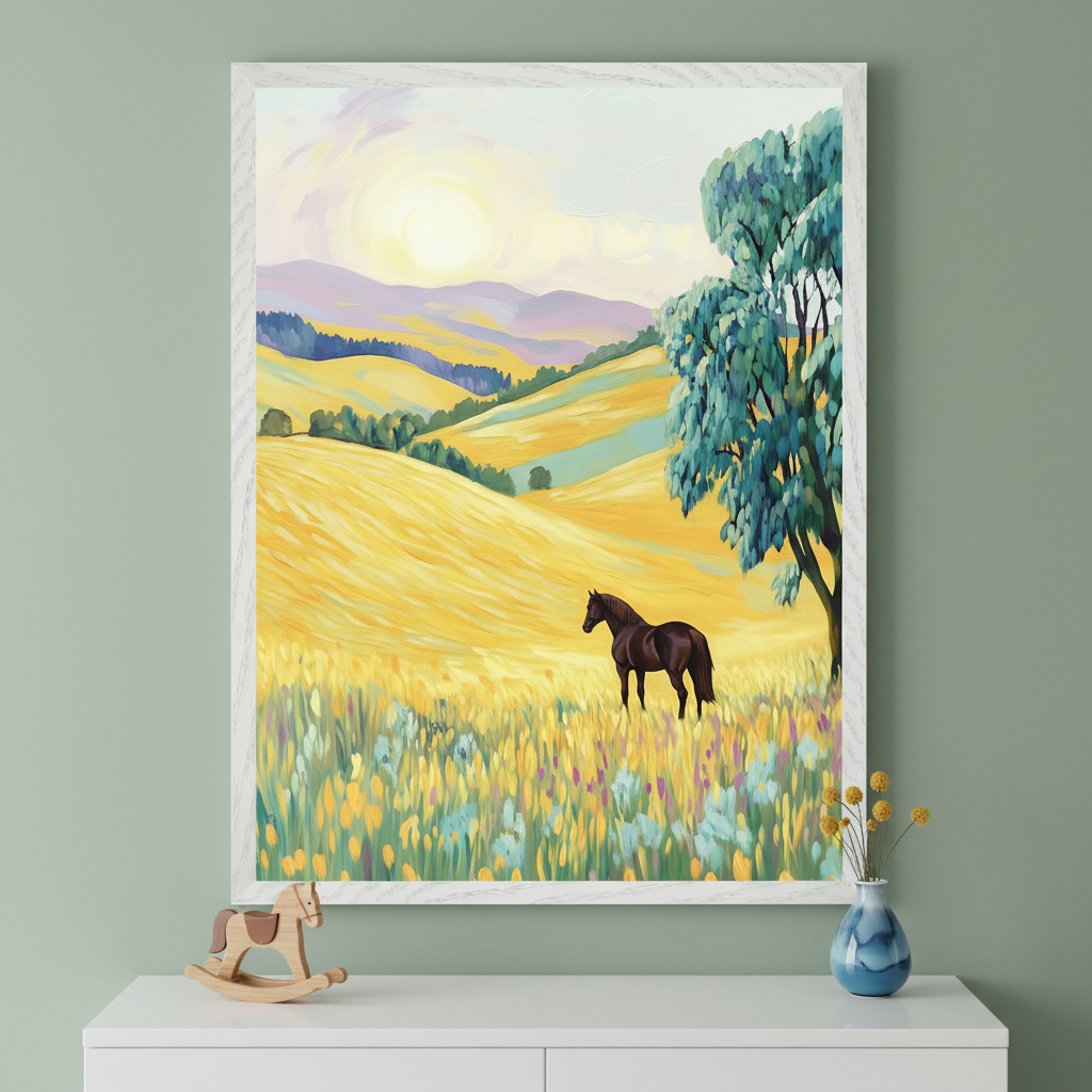 Framed art of a dark brown horse standing in a golden wildflower meadow, surrounded by rolling yellow hills and a tall leafy tree under a hazy sun. The artwork hangs on a sage green wall above a white dresser decorated with a wooden rocking horse and blue vase.