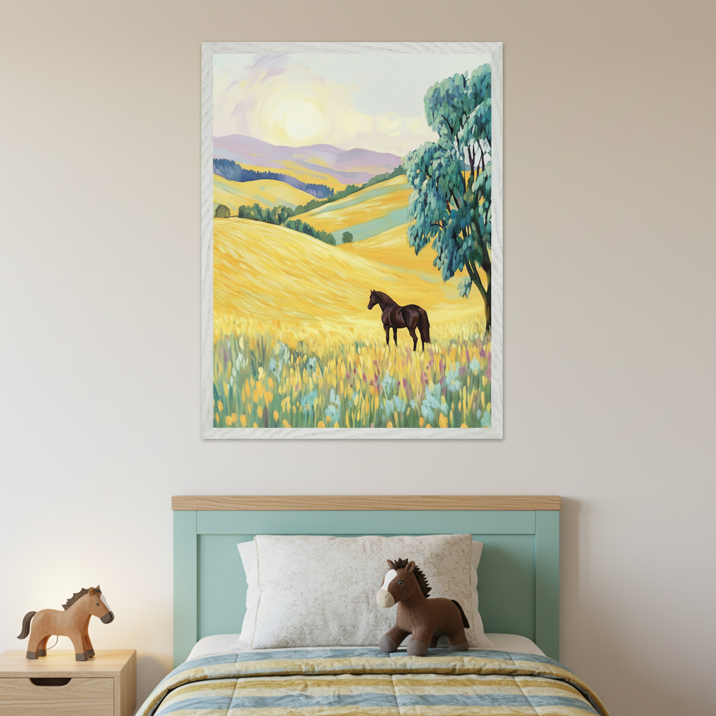 Vibrant painting of a horse in a sunlit field of yellow and green, framed above a bed with striped bedding and a stuffed horse toy. The room has a soft beige wall and nightstand with a wooden horse figure and lamp.
