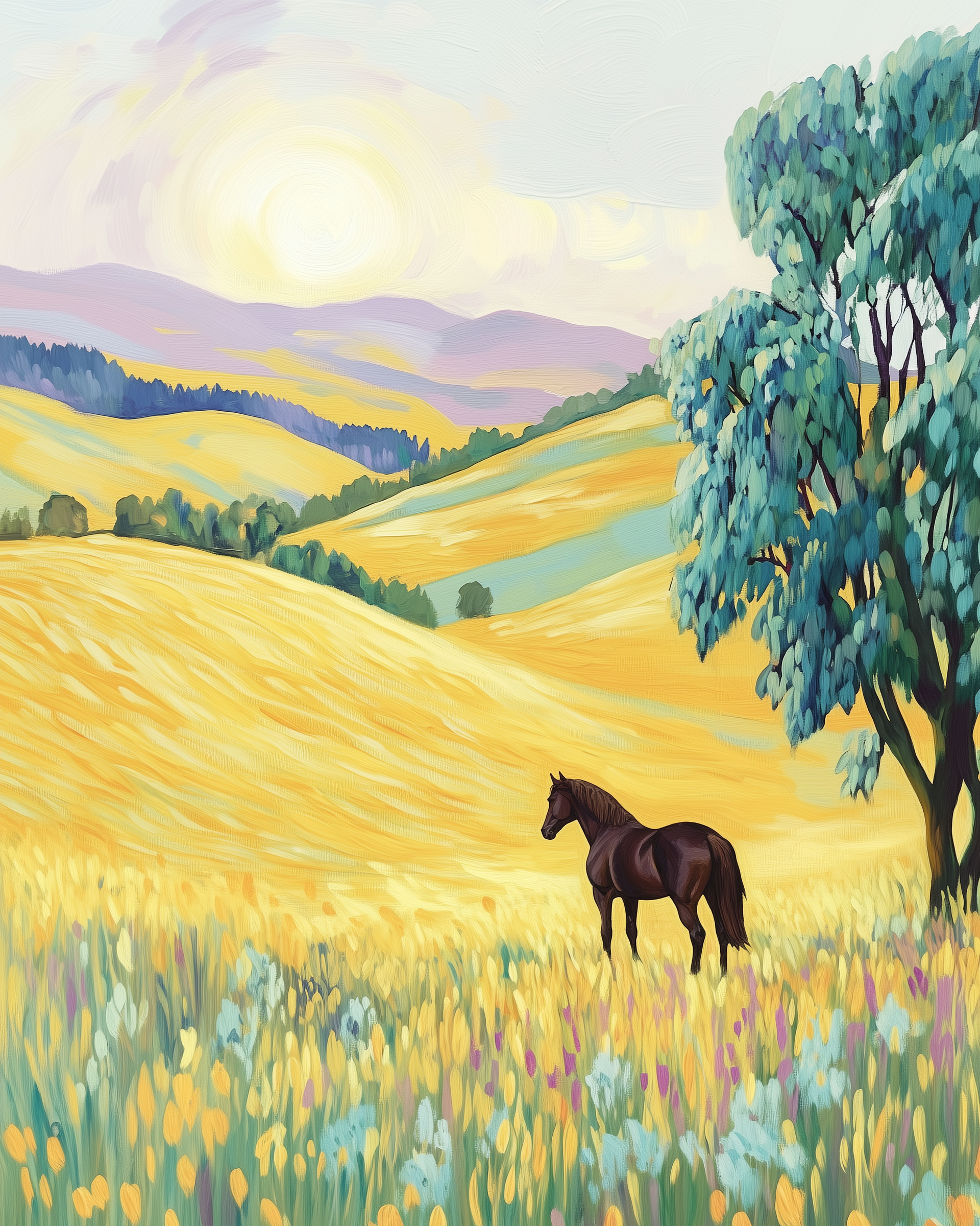 A dark brown horse stands amidst a vibrant field of yellow and purple wildflowers, with a backdrop of rolling golden hills and a large leafy tree on the right.