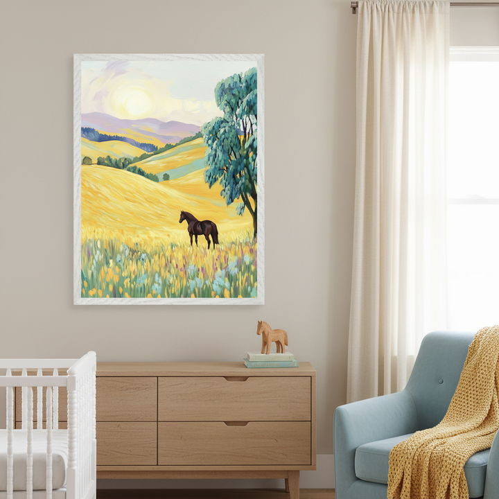 Peaceful countryside painting showing a lone horse in a wildflower field beneath a tall tree, with hills stretching into the distance and a glowing sun in the sky. The framed artwork is displayed above a wood dresser in a neutral nursery with a white crib and light blue chair.