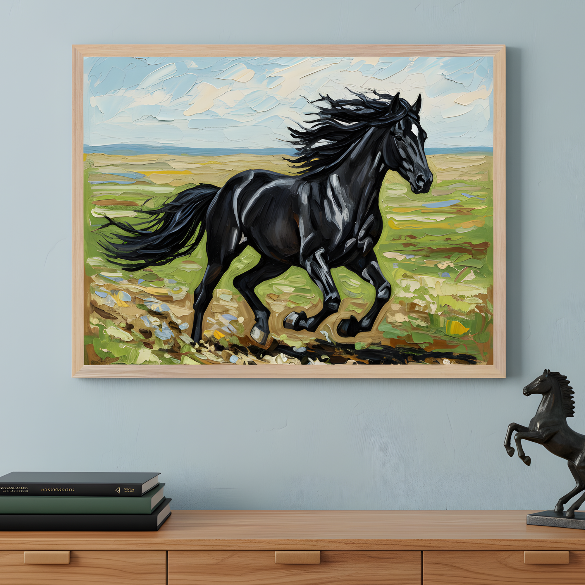A framed art captures a powerful black horse galloping across an open green field, its mane and tail flowing in the wind under a partly cloudy sky. The bold, textured brushstrokes give the scene energy and movement, complemented by a small black horse sculpture and stacked books on the wooden dresser below.
