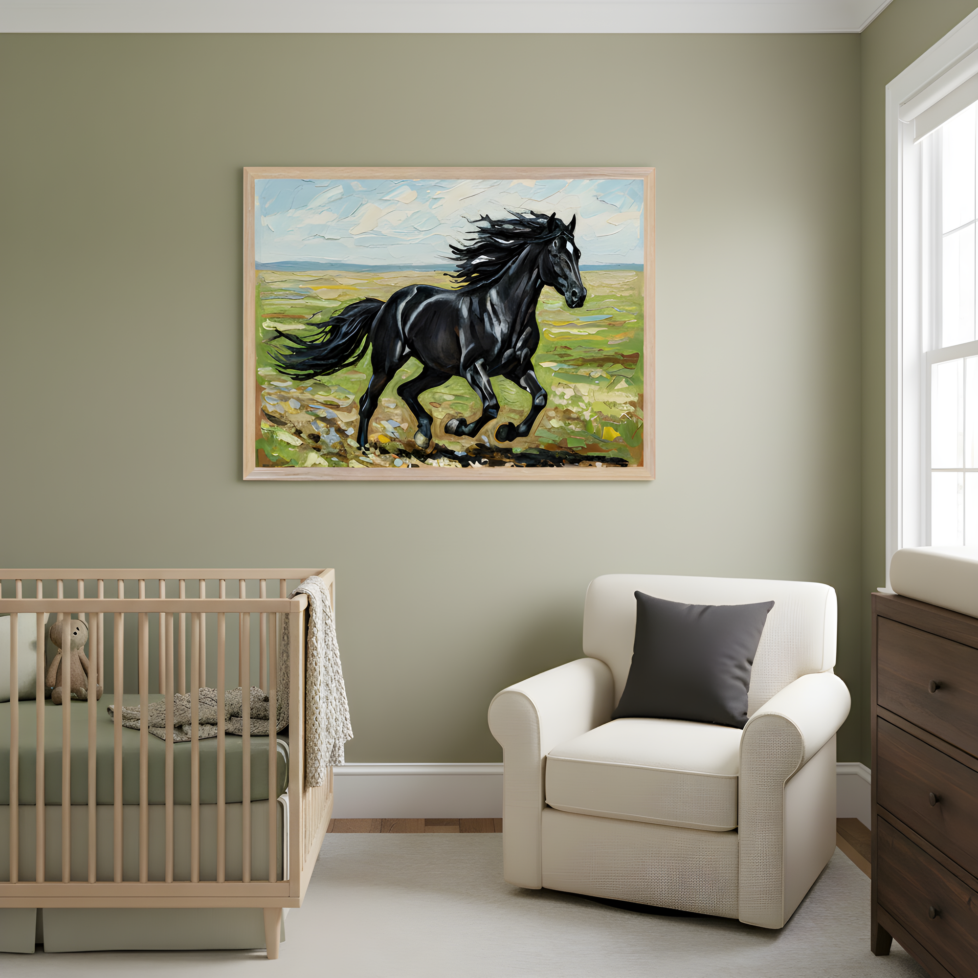 Soft green nursery features a framed painting of a black horse galloping across an open grassy field under a sky streaked with clouds. The room includes a natural wood crib with green bedding, a cream armchair with a dark pillow, and a dark wood dresser, blending earthy tones with the painting’s bold, energetic presence.