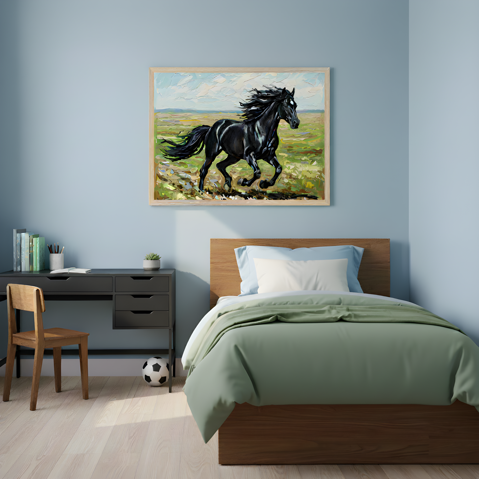 A tidy bedroom with soft blue walls features a framed painting of a black horse galloping through a green field under a dynamic, cloud-filled sky. The room includes a wooden bed with green and blue bedding, a black desk with books and pencils, and a soccer ball tucked beside the bed, blending energetic decor with a calm, natural palette.