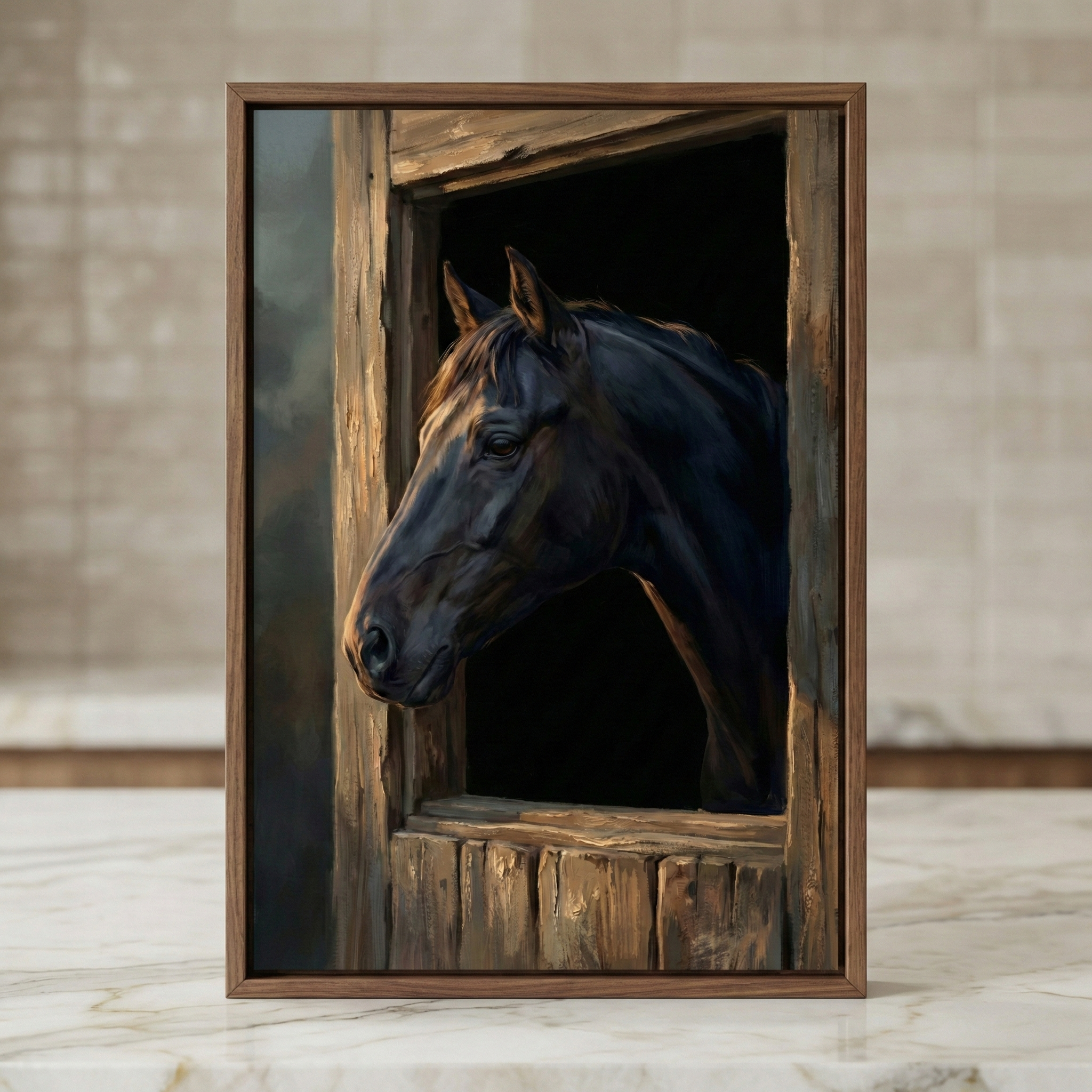 A framed artwork featuring a close-up profile of a dark horse peering out from a weathered wooden stall window. The horse's coat is deep black with subtle highlights that define its powerful features. The background inside the window is dark, creating a strong contrast. The rustic wood of the opening has visible grain and texture. The framed piece sits vertically on a polished marble surface against a soft-focus background of neutral tiled walls.