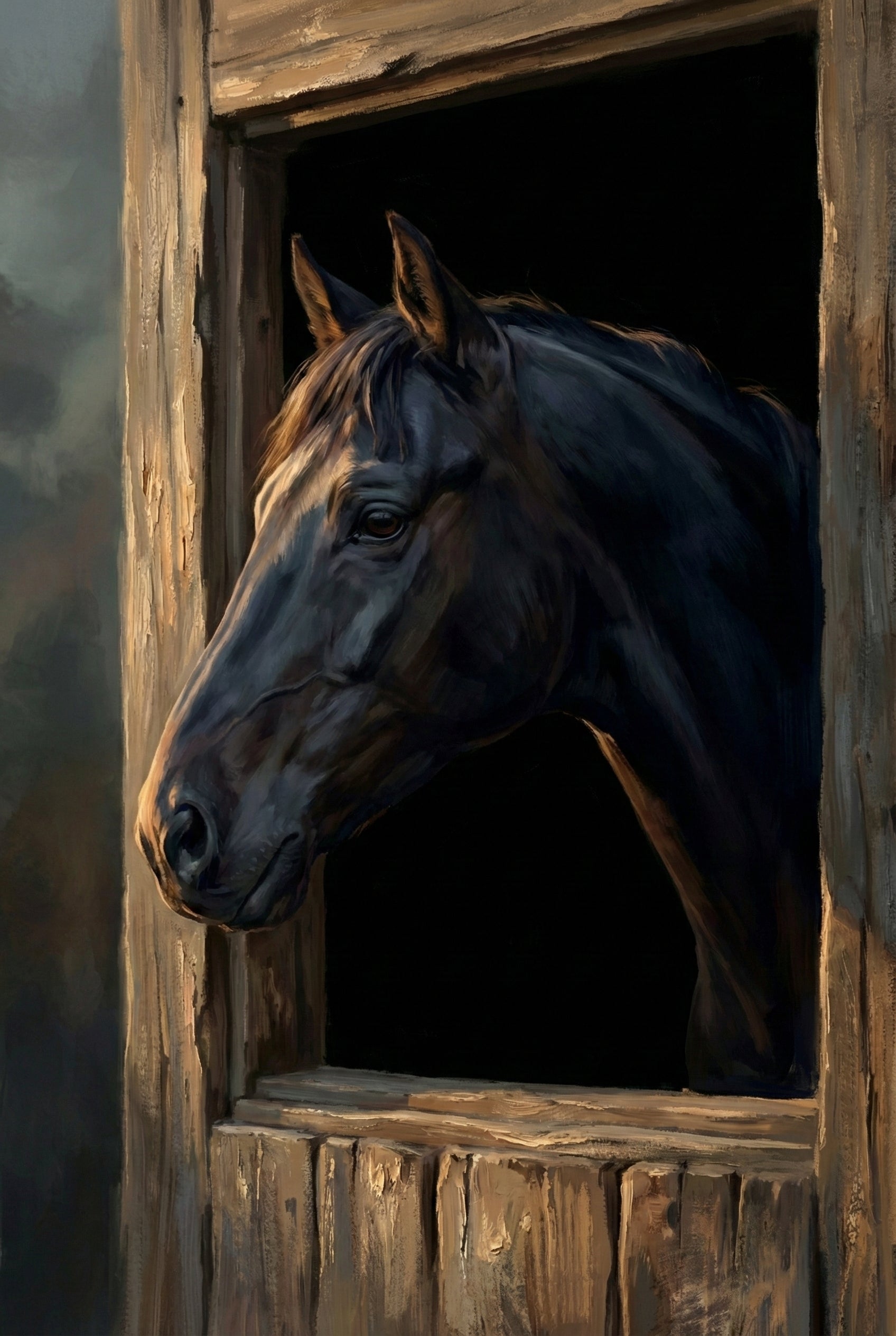 Close view of a horse leaning its head out of a rustic wooden stable window. Warm light grazes the wood frame while the interior behind the horse remains dark.
