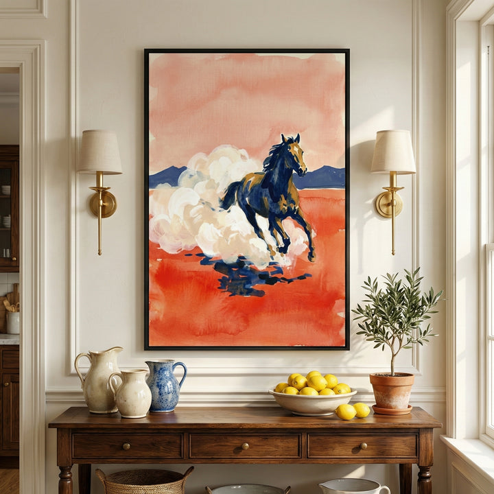 Western-themed artwork of a dark horse running through a red desert landscape, hung above a rustic wooden table styled with ceramic pitchers, lemons, and a potted plant. The painting captures the wild spirit of the animal against a backdrop of warm southwestern tones.