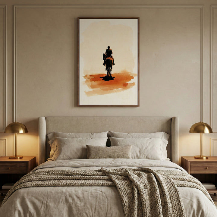 Western-style art print of a cowboy on horseback hangs above a neutral-toned bed in a cozy, softly lit bedroom. The painting captures a lone rider in silhouette against a sandy, watercolor-like backdrop, evoking a quiet, open-range atmosphere.