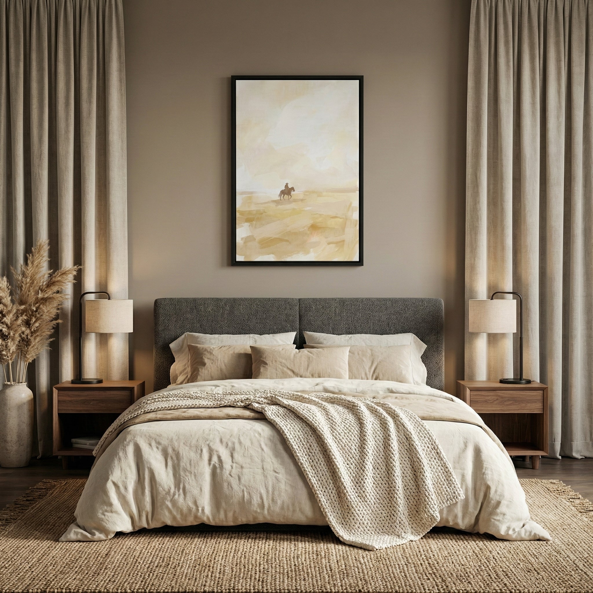 Interior view of a framed western art print depicting a cowboy on horseback in a pale desert scene above a bed. The painting uses gentle washes of beige and tan to suggest motion and the broad expanse of a western horizon.