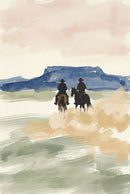Watercolor painting of two cowboys on horseback riding across an open desert landscape. The figures are silhouetted against a soft, pastel sky with a distant mesa in the background. Earthy tones of tan, sage green, and blue create a serene, expansive Western scene with a sense of movement and dust trailing behind the horses.