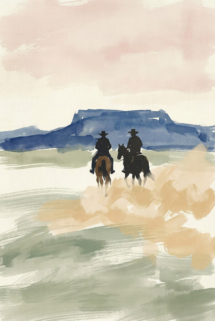 Watercolor painting of two cowboys on horseback riding across an open desert landscape. The figures are silhouetted against a soft, pastel sky with a distant mesa in the background. Earthy tones of tan, sage green, and blue create a serene, expansive Western scene with a sense of movement and dust trailing behind the horses.