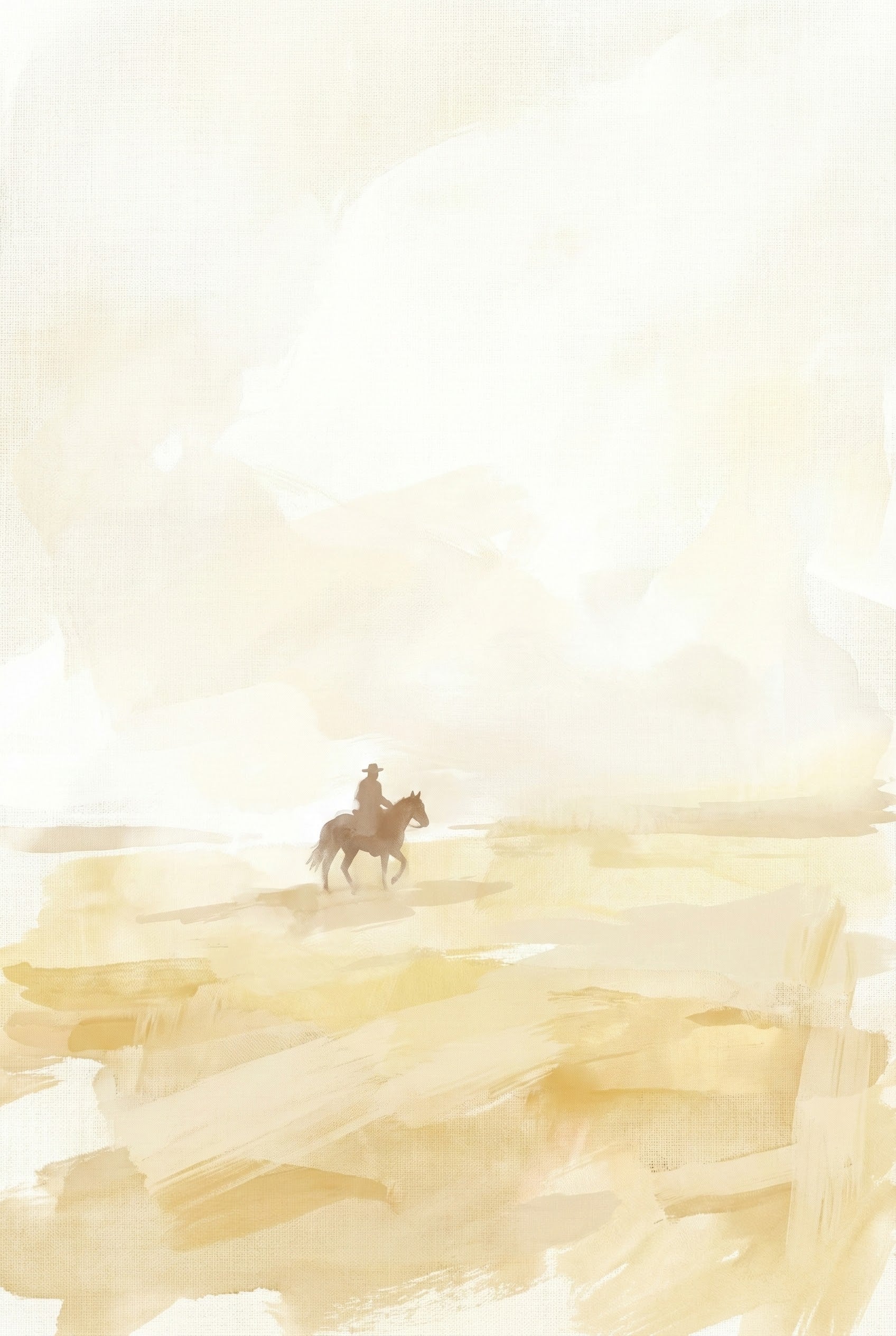 Minimalist watercolor painting of a lone cowboy on horseback riding across a vast, sunlit plain. The composition features soft, warm beige and golden tones with gentle brushstrokes, creating a dreamy, atmospheric Western landscape that emphasizes solitude and open space.