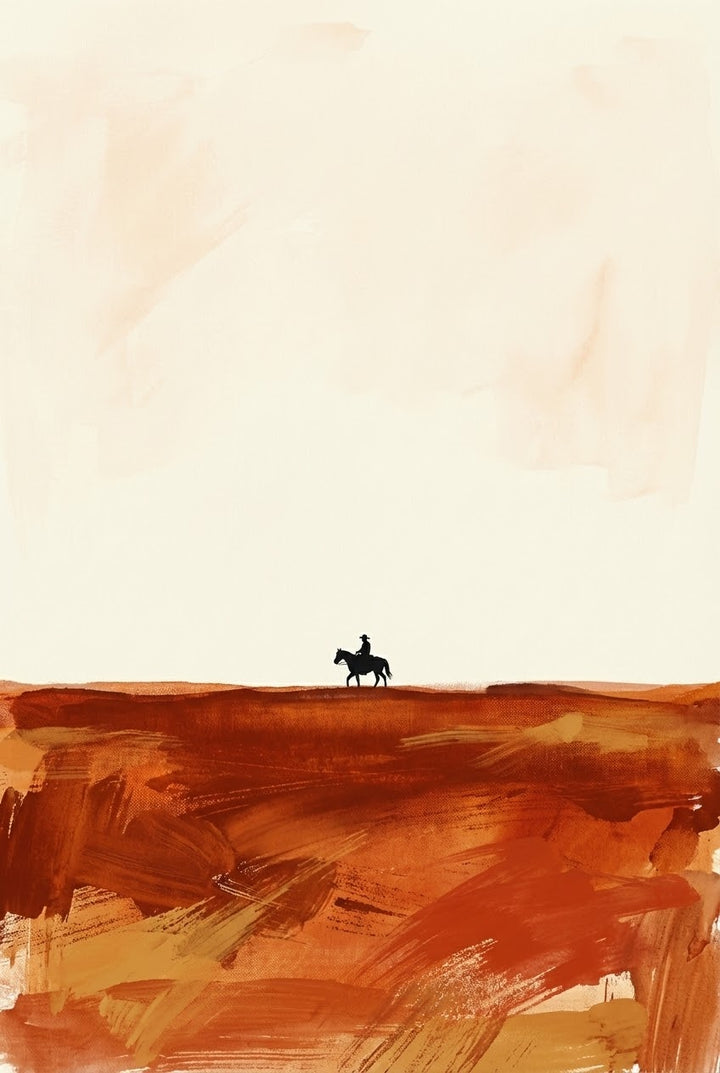 Minimalist watercolor painting of a lone cowboy riding a horse across a barren desert landscape. The figure is silhouetted against a vast, pale sky, with warm, textured brushstrokes in earthy reds and oranges depicting the ground below. The composition emphasizes solitude and the expansive Western environment.