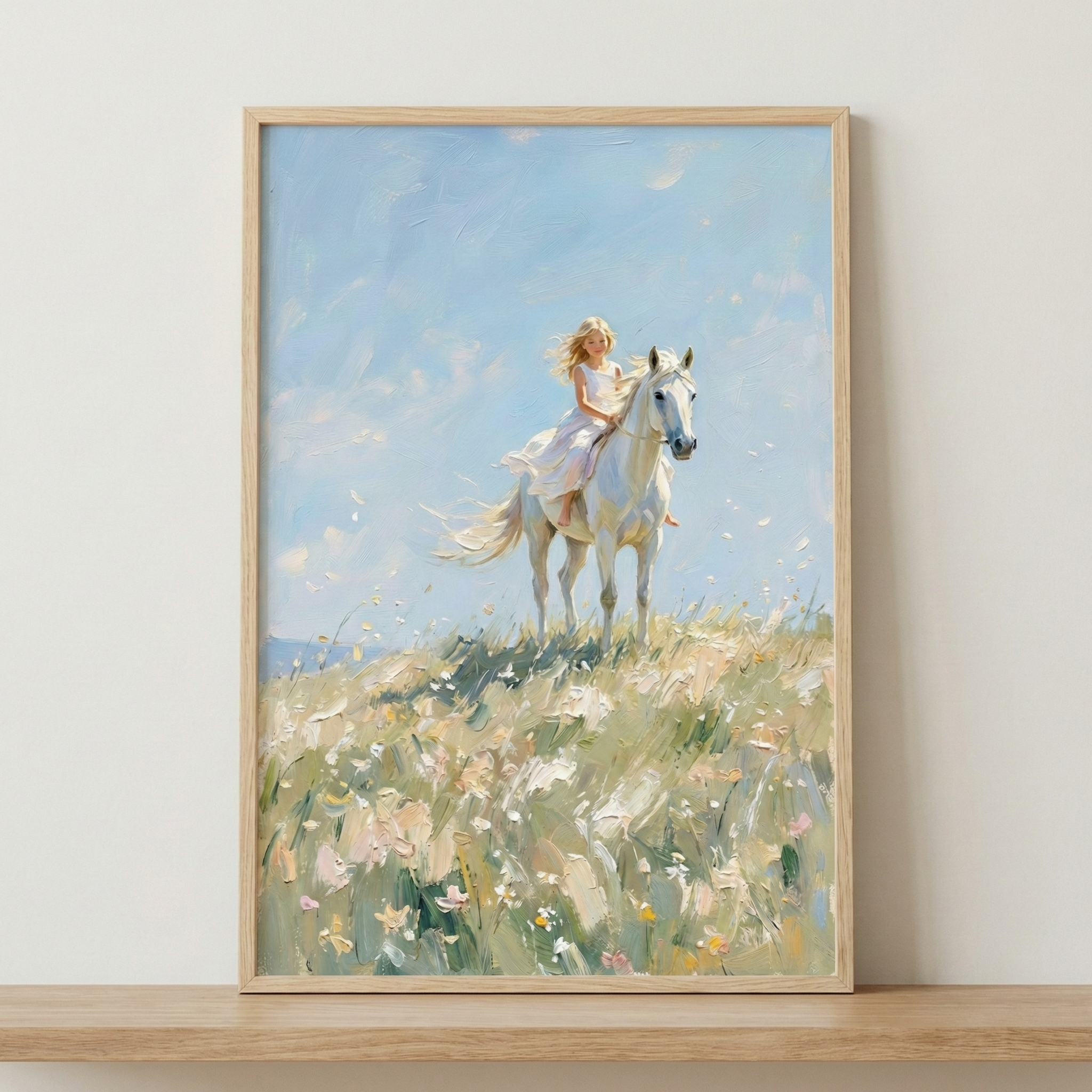 A painting depicts a young girl in a flowing dress riding a white horse through a field of wildflowers under a bright blue sky, framed in light wood and displayed on a shelf.