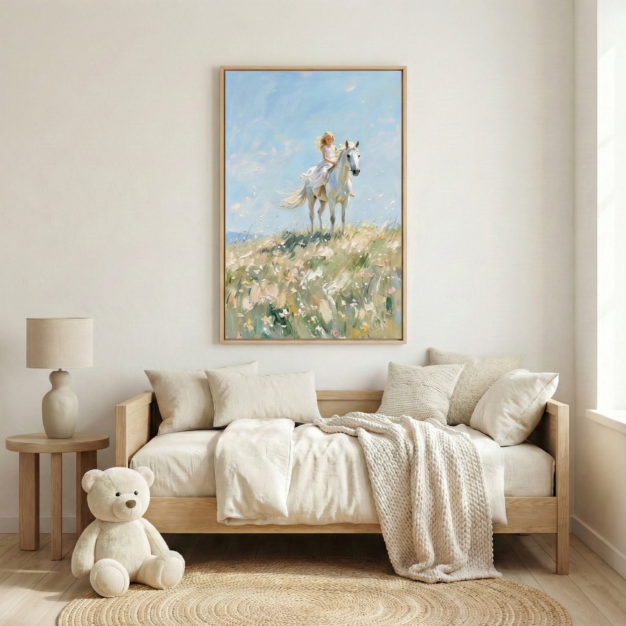 A light filled bedroom with a wooden daybed dressed in cream bedding and textured knit throw, styled with neutral pillows and a round woven rug. Above the bed hangs a large framed painting of a young girl in a white dress riding a white horse through a breezy wildflower field under a soft blue sky, adding a dreamy and whimsical focal point to the calm minimalist space.