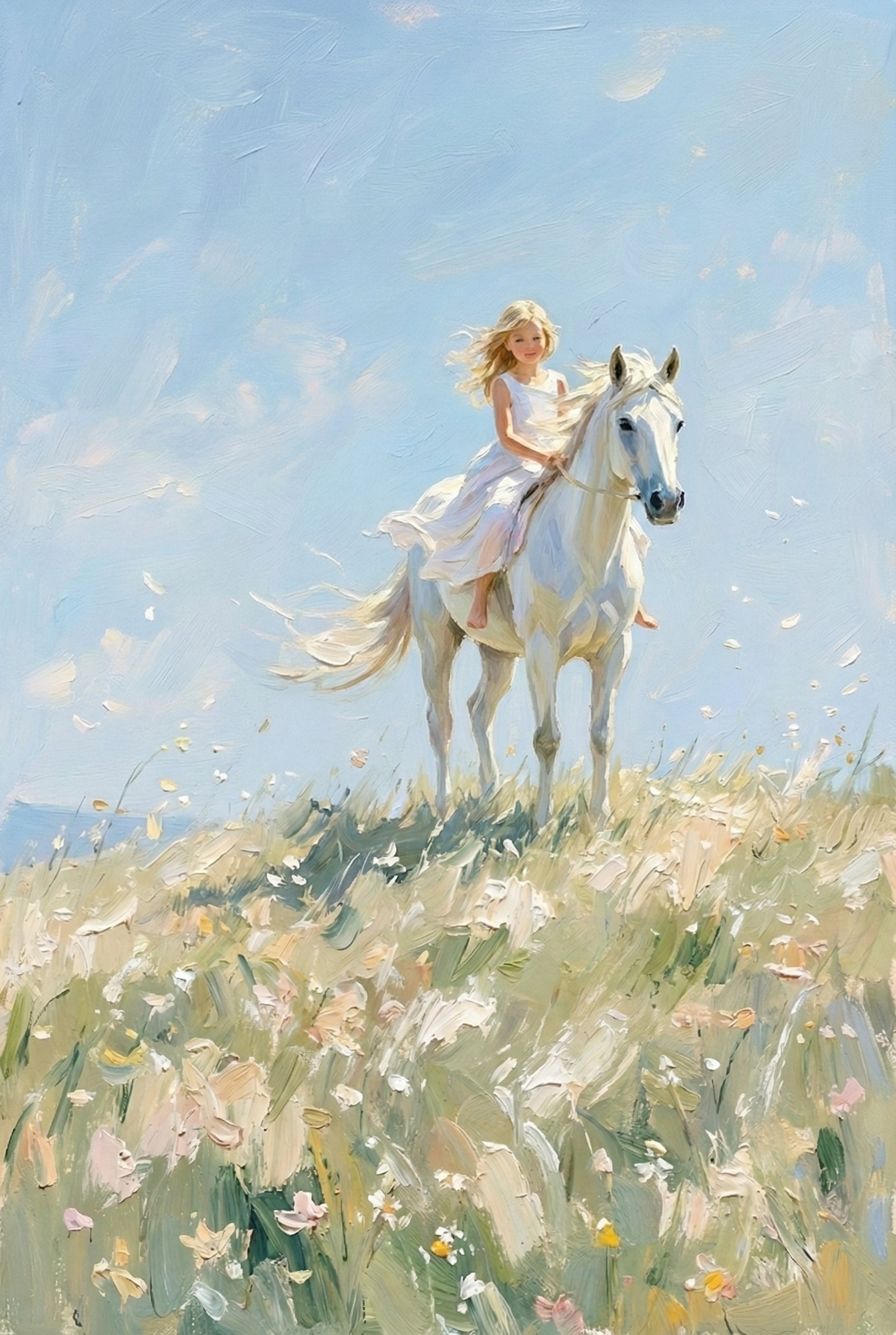 An impressionistic scene depicts a young girl with long blonde hair and a flowing white dress riding bareback on a white horse. They stand atop a windswept hill covered in a meadow of tall grass and delicate wildflowers. The horse's mane and tail, along with the girl's hair and dress, flow in the breeze. Small white petals drift through a soft blue sky. The image is composed of thick, textured strokes in a pastel palette of cream, pale green, and light blue.