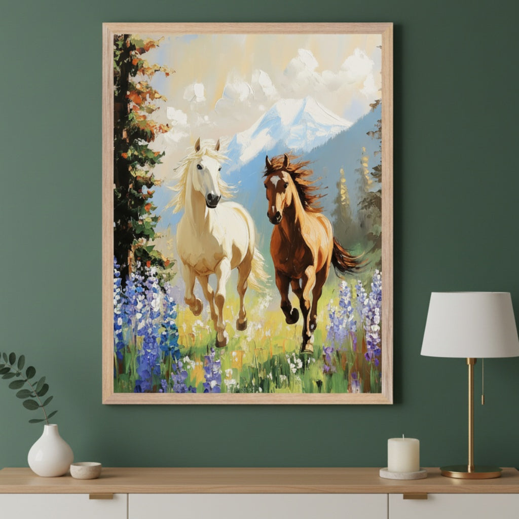 Modern living room with a light wood and white console table. A large framed impressionistic painting of two horses, one white and one brown, running through a field of flowers with a snowy mountain in the background, hangs centered above the table.