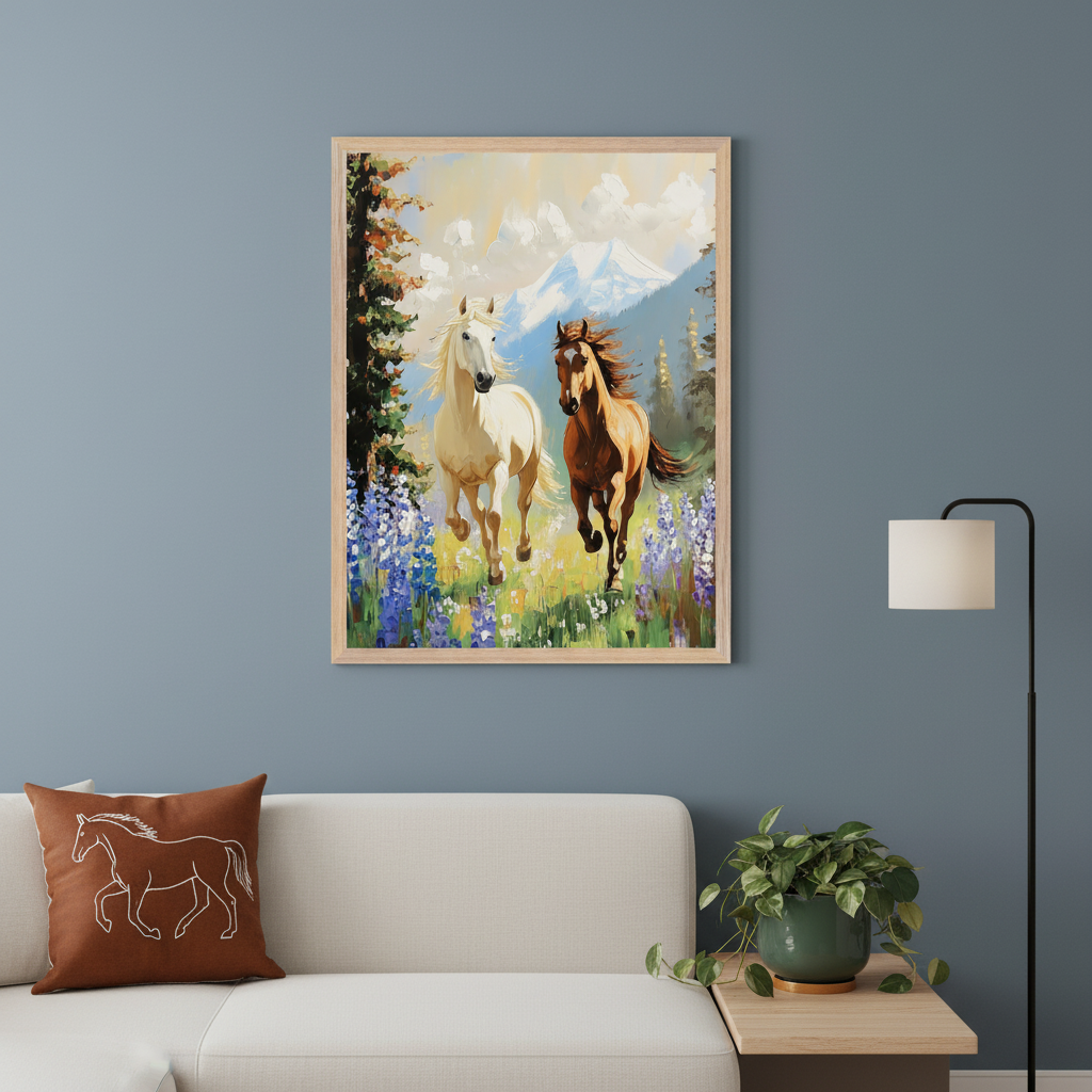 Modern living room with a white sofa and brown horse pillow. A framed oil painting on a blue-gray wall depicts a white and a brown horse running through a field of purple flowers with a snowy mountain in the background, hanging above the sofa. A floor lamp and potted plant are to the right.