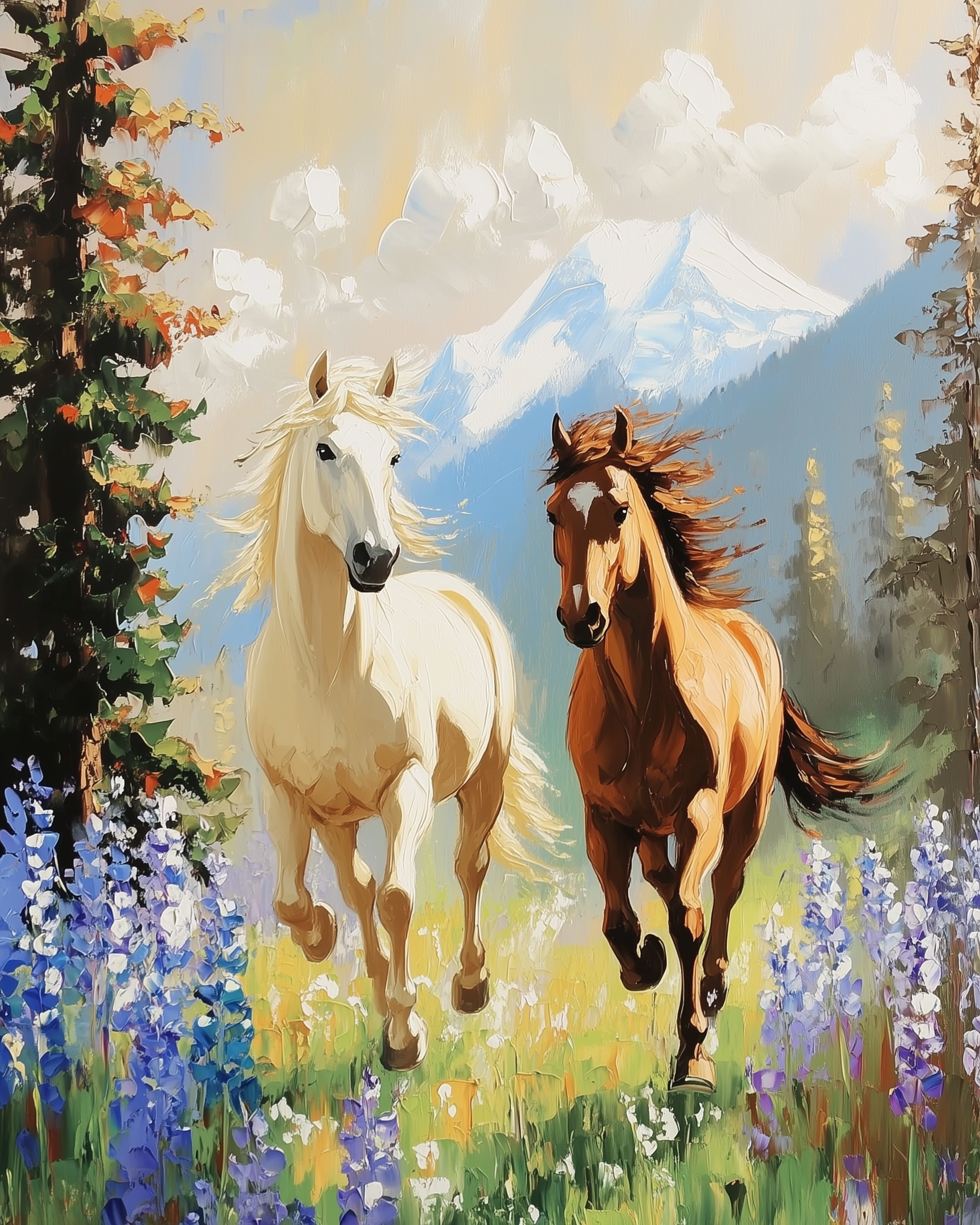 Two horses, one white and one brown, gallop through a vibrant meadow filled with purple and white flowers, set against a backdrop of tall trees and a snow-capped mountain under a partly cloudy sky.