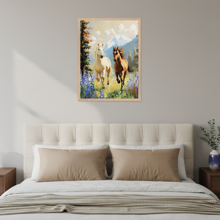 Modern bedroom with a bed and light beige upholstered headboard. A framed painting of a white horse and a brown horse running through a field of purple flowers and green grass with mountains in the background hangs above the bed.