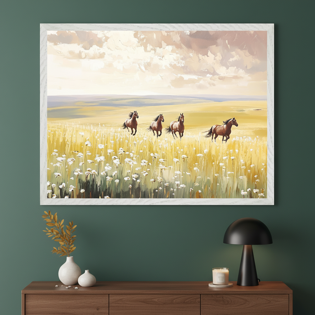 Modern living room with a dark wooden console table. A large framed painting of four brown horses running through a yellow field with white flowers under a cloudy sky hangs centered above the table.