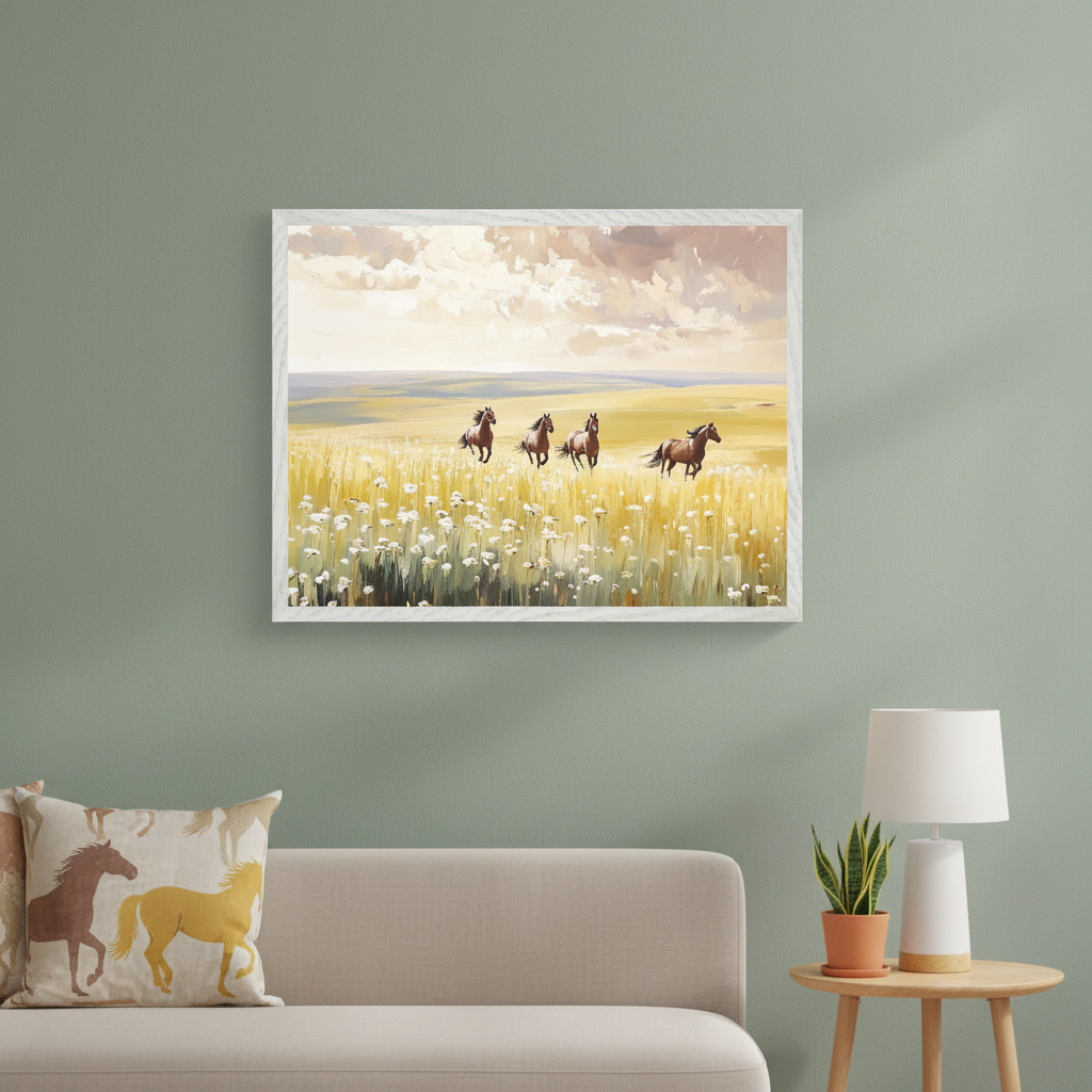 Living room with a beige sofa against a green wall. A large framed painting of four brown horses running in a yellow and white flower field under a cloudy sky hangs above the sofa. A side table with a lamp and plant is to the right of the sofa.