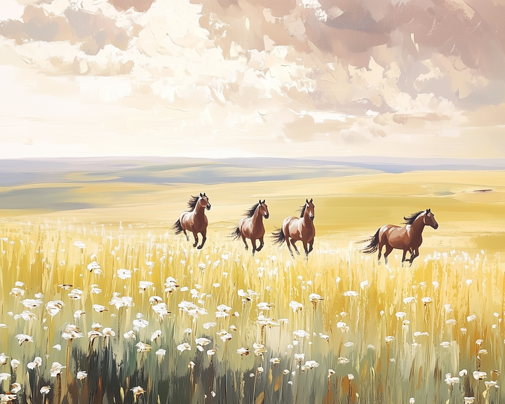 Four brown horses gallop across a vast, golden field filled with white flowers, under a sky with dramatic clouds.