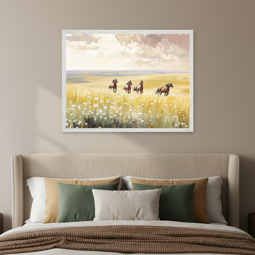 Modern bedroom with an upholstered bed and pillows. A large framed painting of four brown horses running in a flowery yellow field under a cloudy sky hangs centered above the bed.