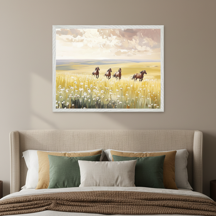 Modern bedroom with an upholstered bed and pillows. A large framed painting of four brown horses running in a flowery yellow field under a cloudy sky hangs centered above the bed.
