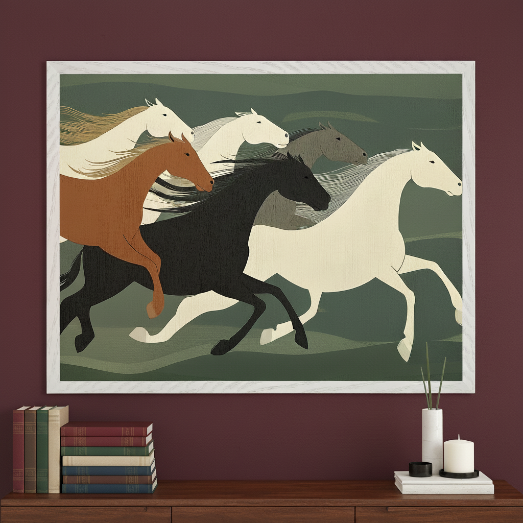 Modern room with a dark wood dresser. A large white-framed print of five stylized running horses in tan, black, grey, and white against a green background hangs centered above the dresser. Books, a vase, and a candle are on the dresser.