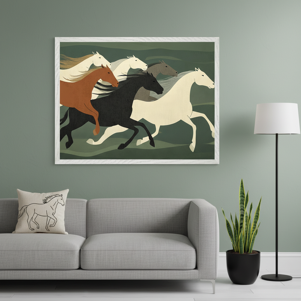 Modern living room with a light gray sofa. A large framed graphic art print of six running horses in white, black, brown, and gray, set against a green background, hangs above the sofa. A floor lamp and plant are on the right.