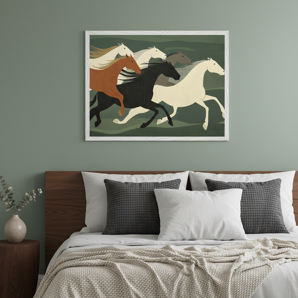 Modern bedroom with a wooden bed. A framed artwork of five horses running left across a green, abstract landscape hangs centered above the bed. The horses are depicted in a flat, graphic style, with colors including white, brown, black, and cream.