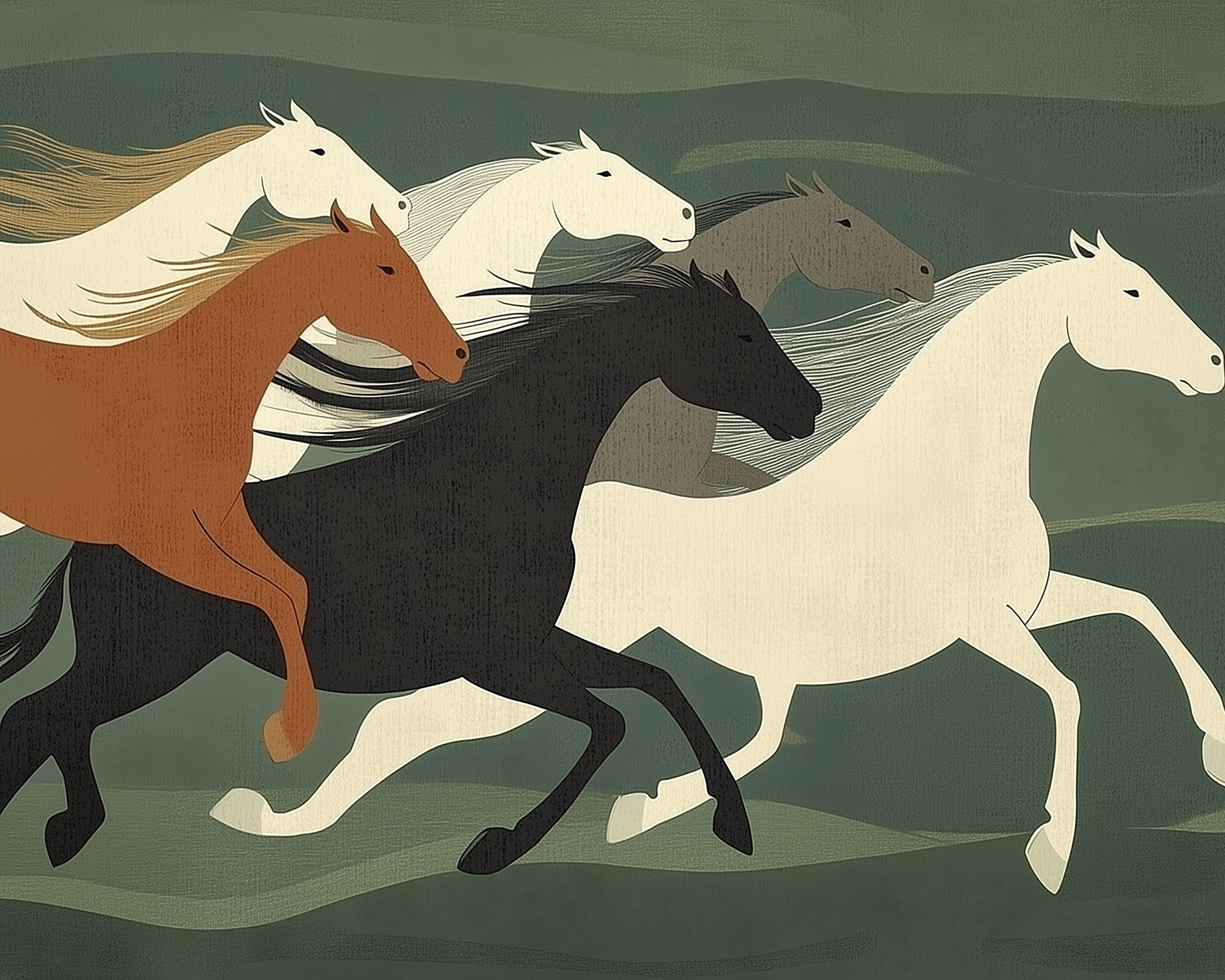 Illustration of six horses running side by side in earthy tones, featuring dynamic lines and a soft green background.
