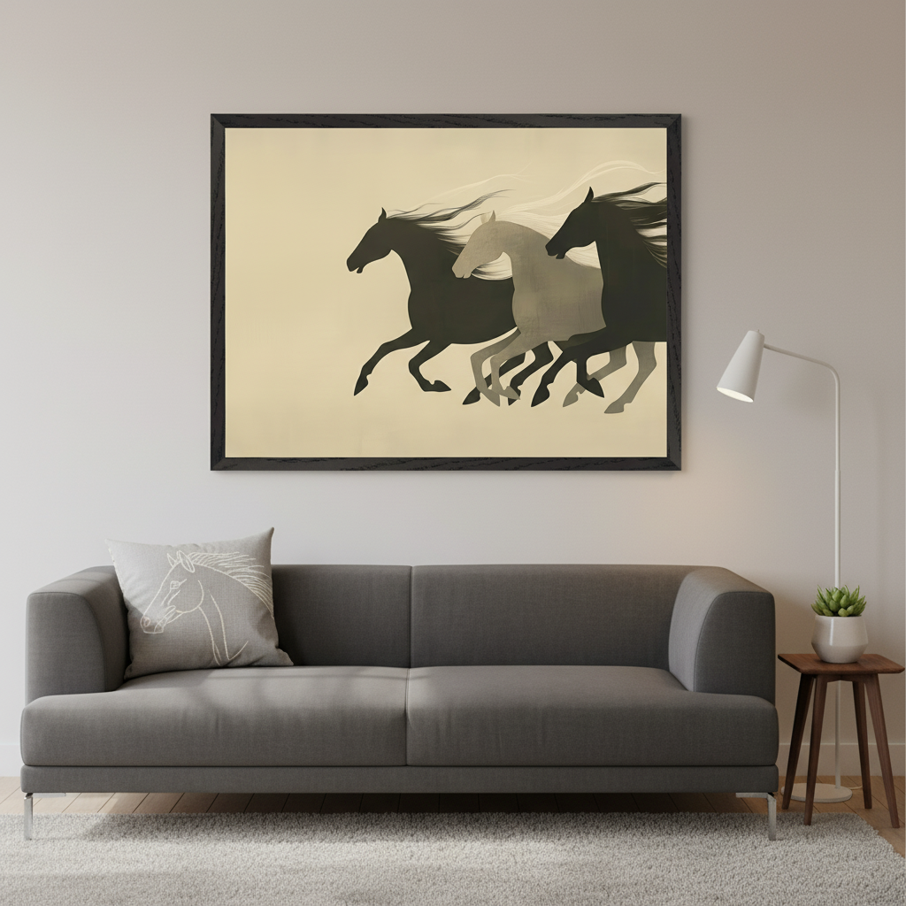 Modern living room with a dark gray sofa and light rug. A large framed print of three running horses, silhouetted in dark and light gray against beige, hangs centered above the sofa. A white floor lamp and wooden side table are on the right.