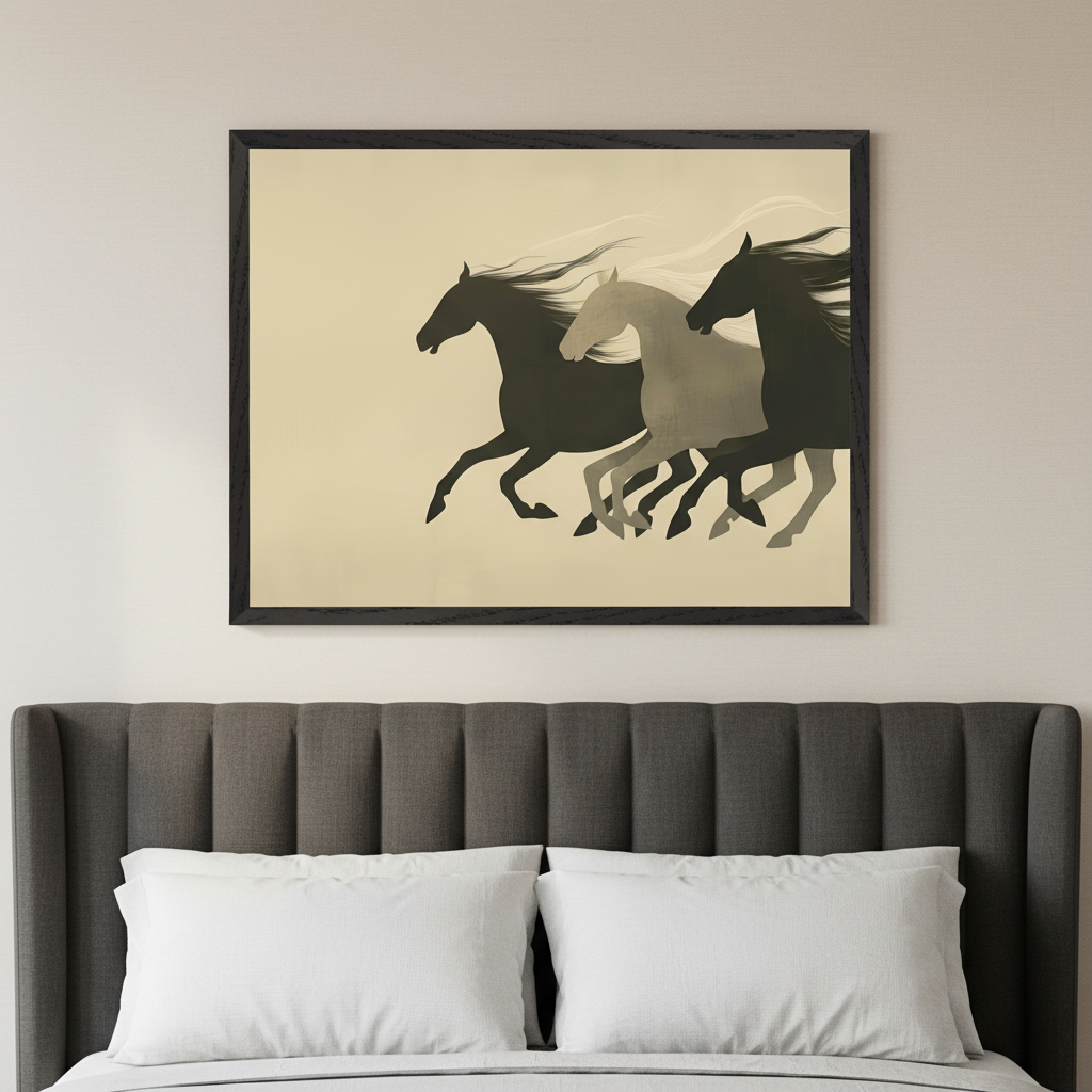 Modern bedroom with a dark gray upholstered headboard. A large black-framed minimalist print of three silhouetted running horses (two dark, one light gray) hangs centered above the bed against a beige background.
