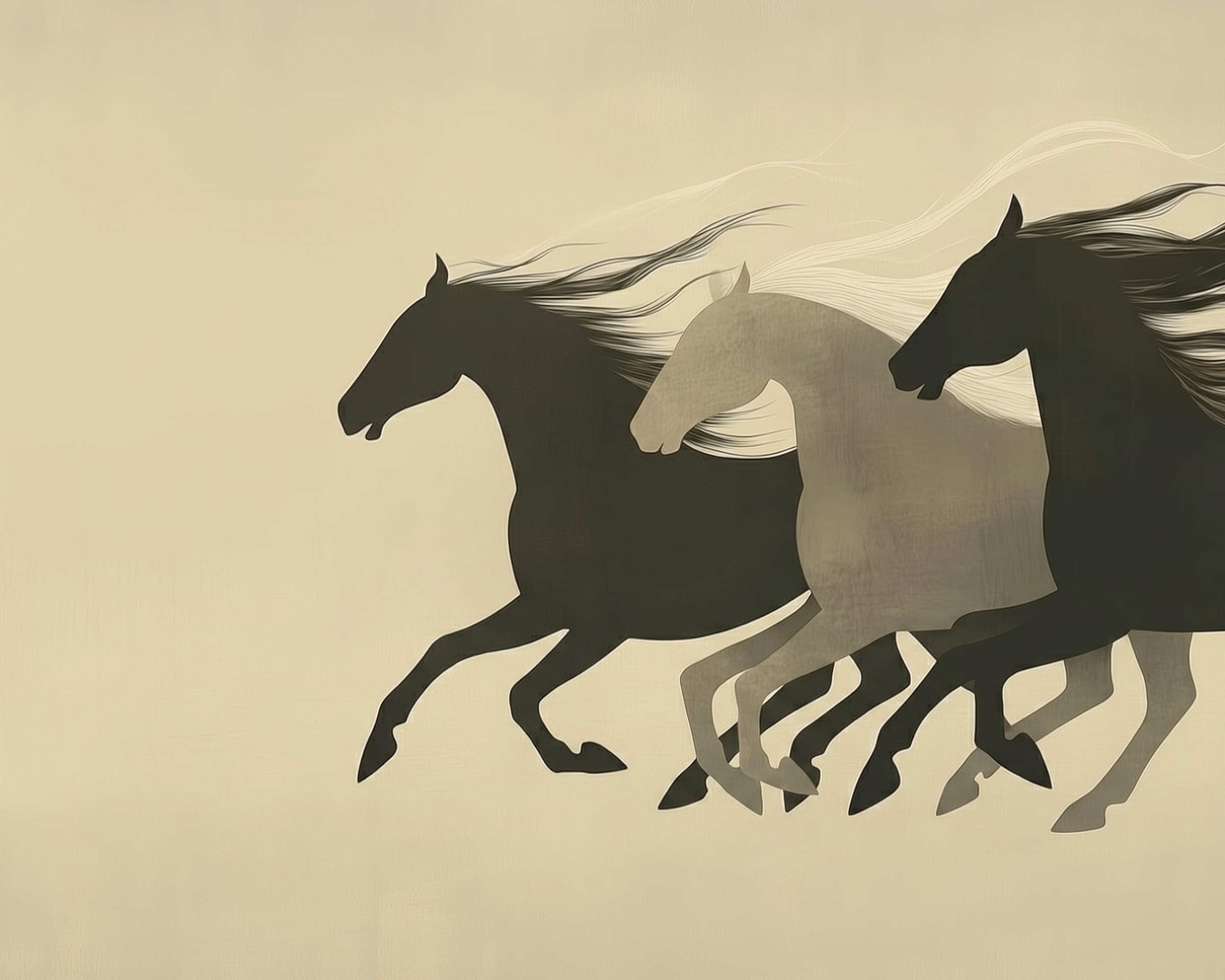 Stylized illustration of three horses in motion with flowing manes, set against a soft beige background for a minimal, modern look.
