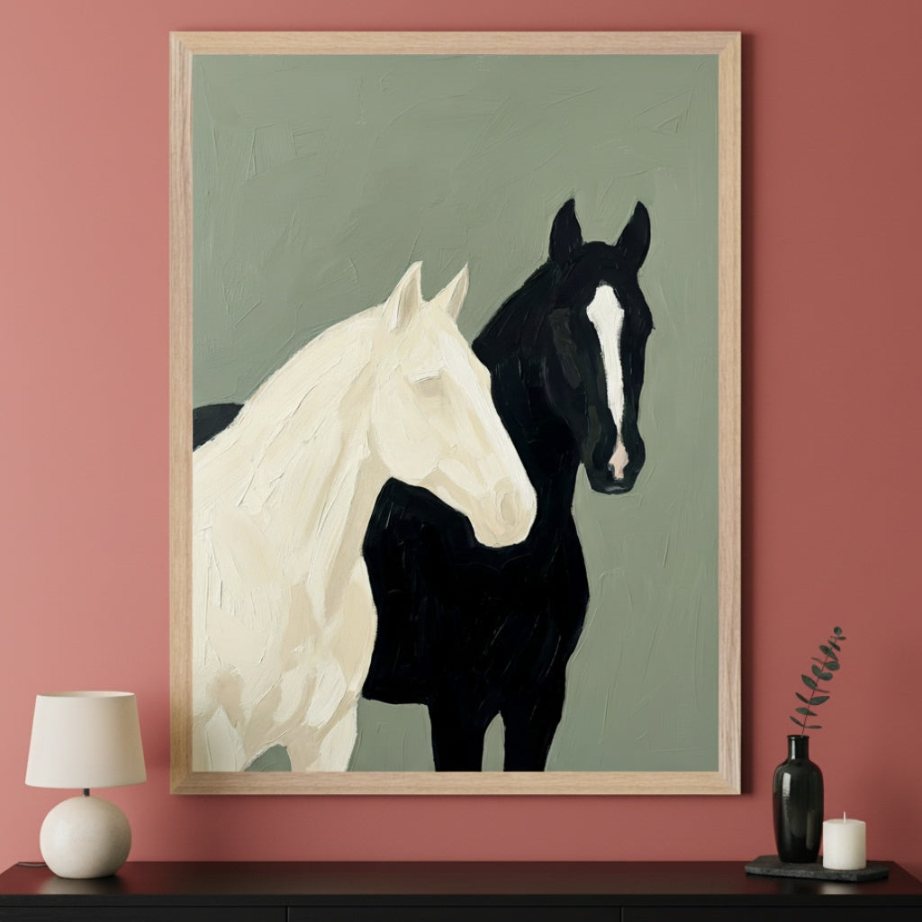 Modern living room with a black dresser. Large framed wall art of a white and black horse on a sage green background hangs centered above the dresser. A white lamp, a black vase with leaves, and a white candle are on the dresser.
