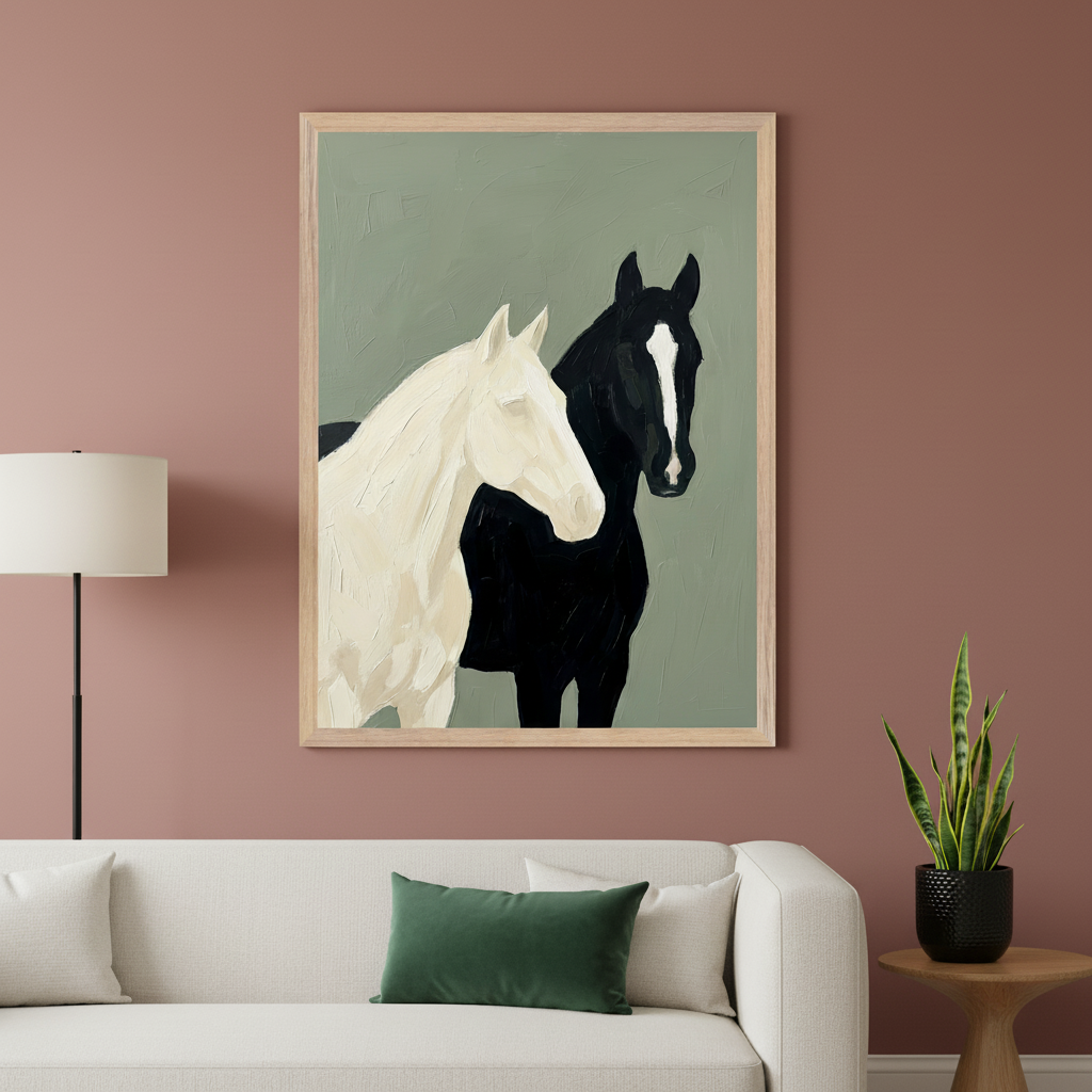 Modern living room with a white sofa. A large framed painting of two horses, one white and one black, in a textured style on a green background hangs above the sofa. A floor lamp is on the left, and a side table with a snake plant is on the right.