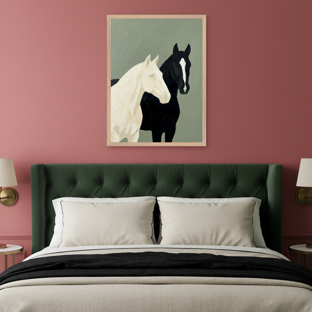 Modern bedroom with a dark green tufted bed and pink walls. A framed painting of two horses, one white and one black, in a painterly style, hangs centered above the bed.