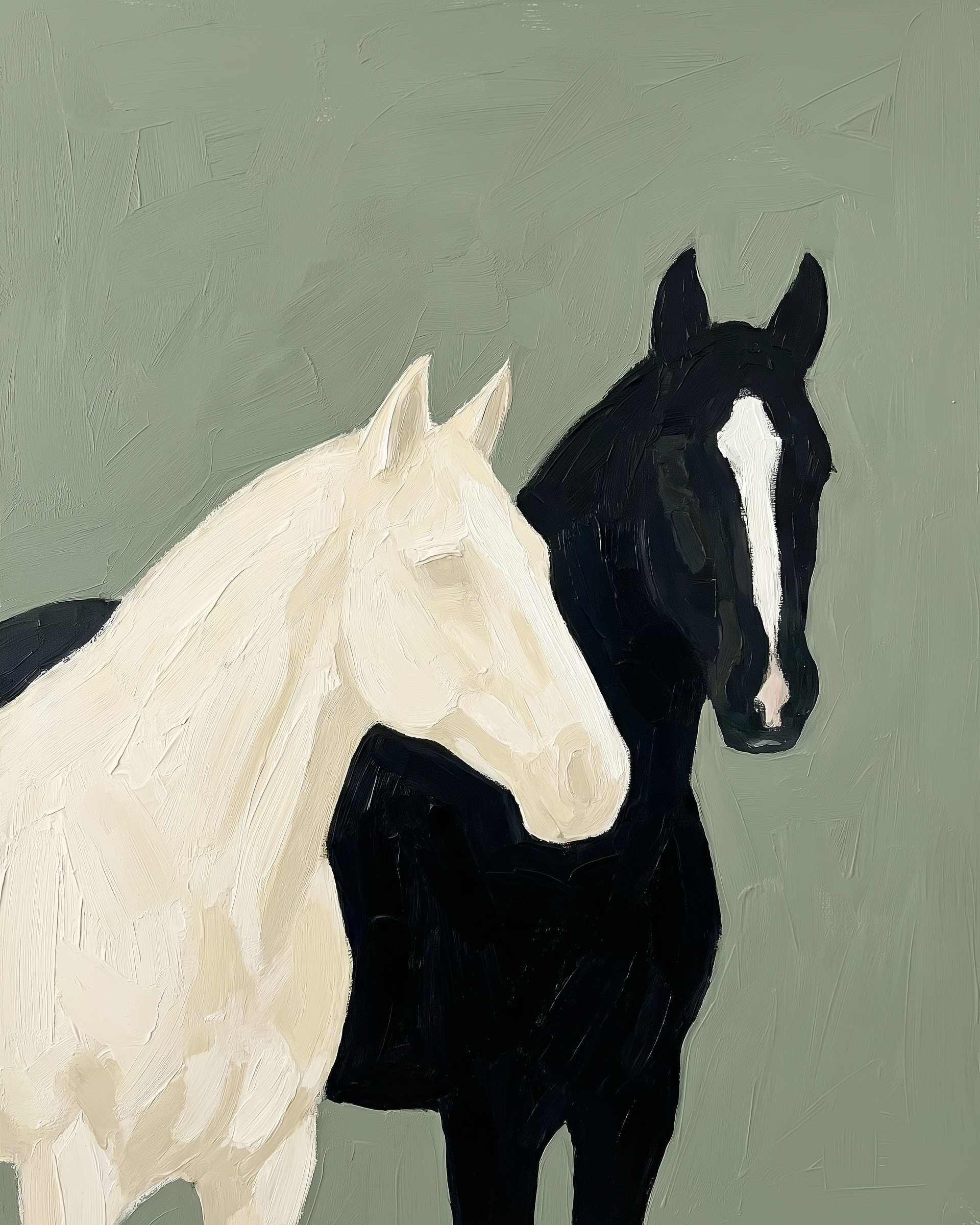 Minimalist painting of a white horse and a black horse standing side by side, set against a desaturated green backdrop. The textured brushstrokes and soft colors create a calm, modern aesthetic.