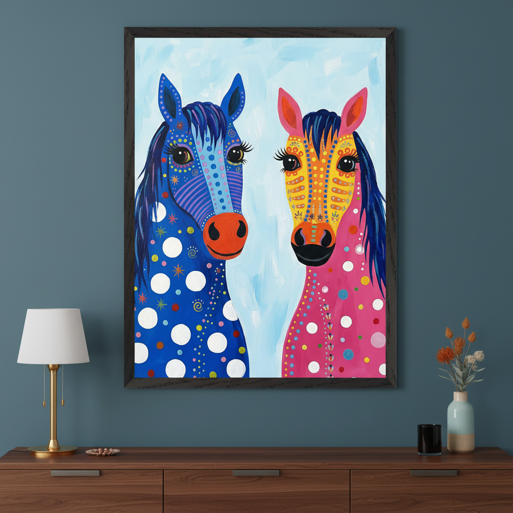 Modern living room with a dark wood dresser. A large framed painting of two colorful, stylized horses, one blue with white polka dots and one pink/yellow with patterns, hangs centered above the dresser.