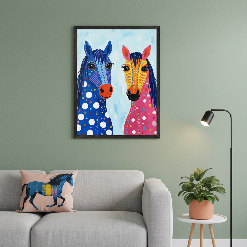 Modern living room with a grey sofa. A framed painting of two colorful, stylized horses, one blue with white polka dots and one pink with yellow patterns, hangs centered above the sofa. A pillow with a blue horse design rests on the sofa, and a potted plant sits on a small white side table next to a black floor lamp.