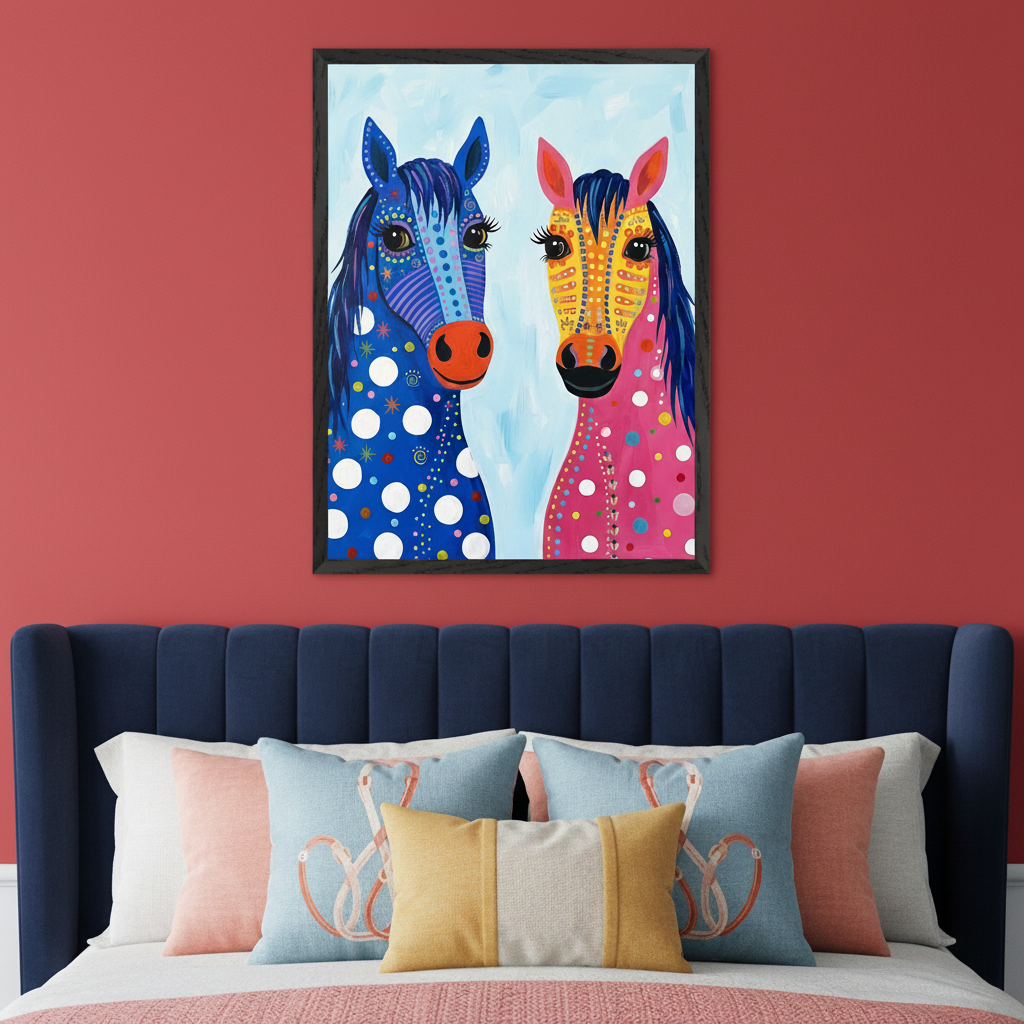 Bedroom with a red wall above a navy blue upholstered bed. A large framed painting of two colorful, decorative horses, one blue with white polka dots and one pink with yellow patterns, hangs centered above the bed.