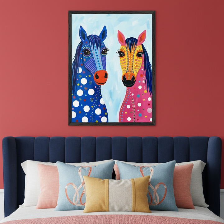 Bedroom with a red wall above a navy blue upholstered bed. A large framed painting of two colorful, decorative horses, one blue with white polka dots and one pink with yellow patterns, hangs centered above the bed.