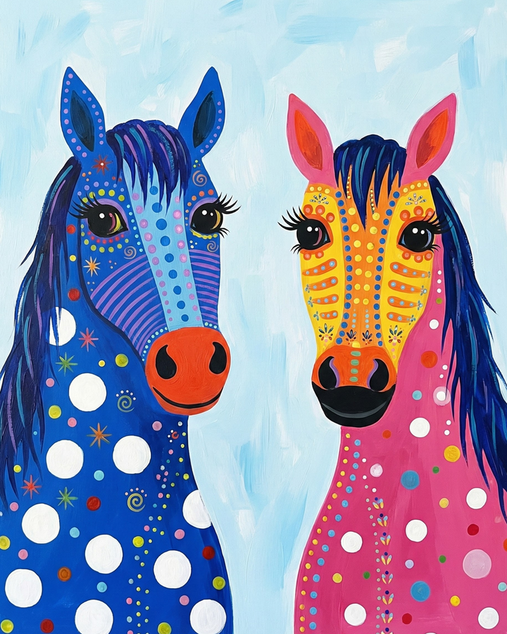 Vibrant painting of two stylized horses with large eyes and bold patterns, one in blue with white dots and the other in pink and orange with colorful decorations on a light background
