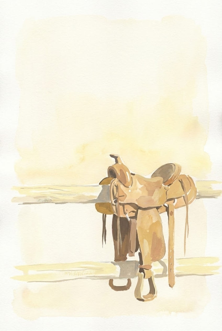 Watercolor illustration of a worn leather Western saddle resting on a wooden fence rail against a pale, sunlit background. The simple composition and soft earthy tones evoke a calm cowboy scene, symbolizing rest after a long ride.